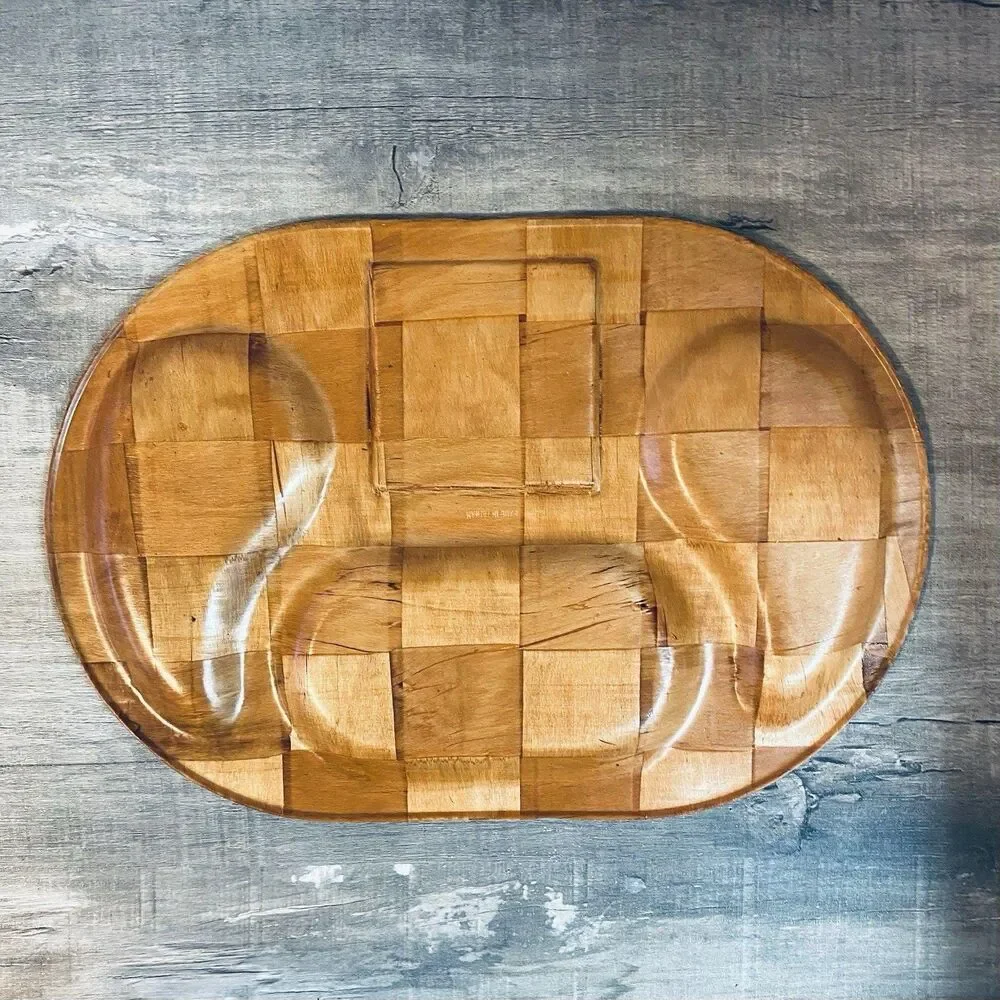 Vintage MCM Parquet Wood Charcuterie Board Divided Tray Tile Inlay 18